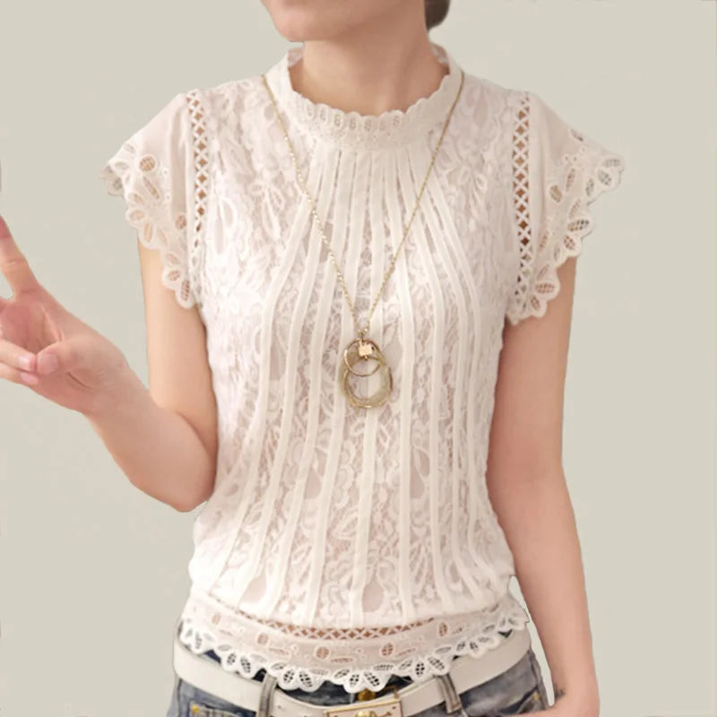 Cheap Ruffles Lace Women Blouse Elegant White Woman Shirt Stand